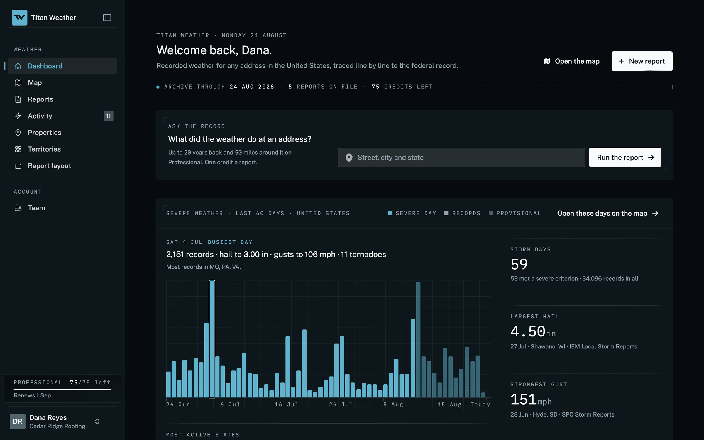 The dashboard: an address field to run a report from, then a chart of severe weather records for every day of the last sixty across the United States with the busiest day picked out, and the count of storm days, the largest hail and the strongest gust on record in that time, each dated and placed.