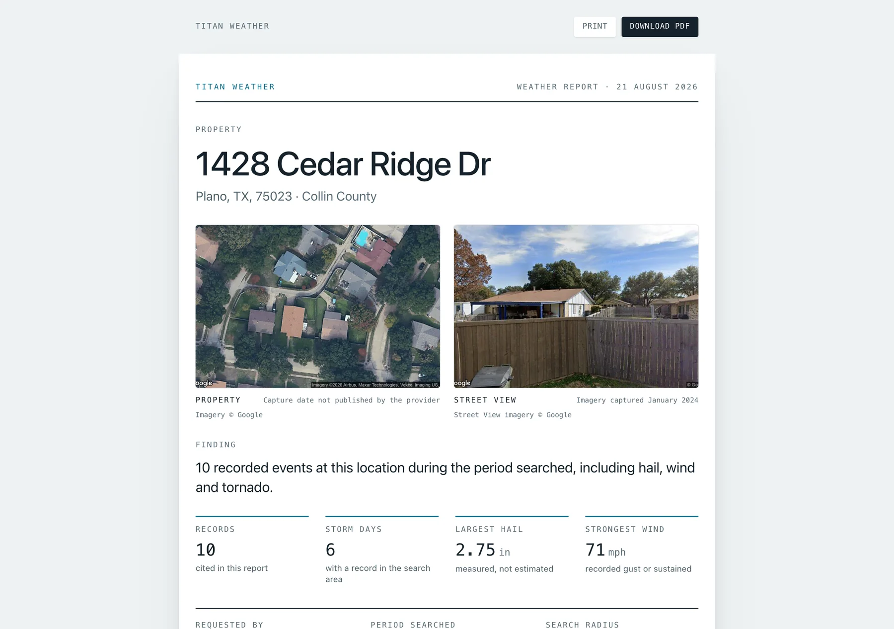 A report open in the browser: the property address at the head of the page, an aerial photograph and a street-level photograph of the house, the finding in one sentence, and the record count, storm days, largest measured hail and strongest wind as figures beneath it.