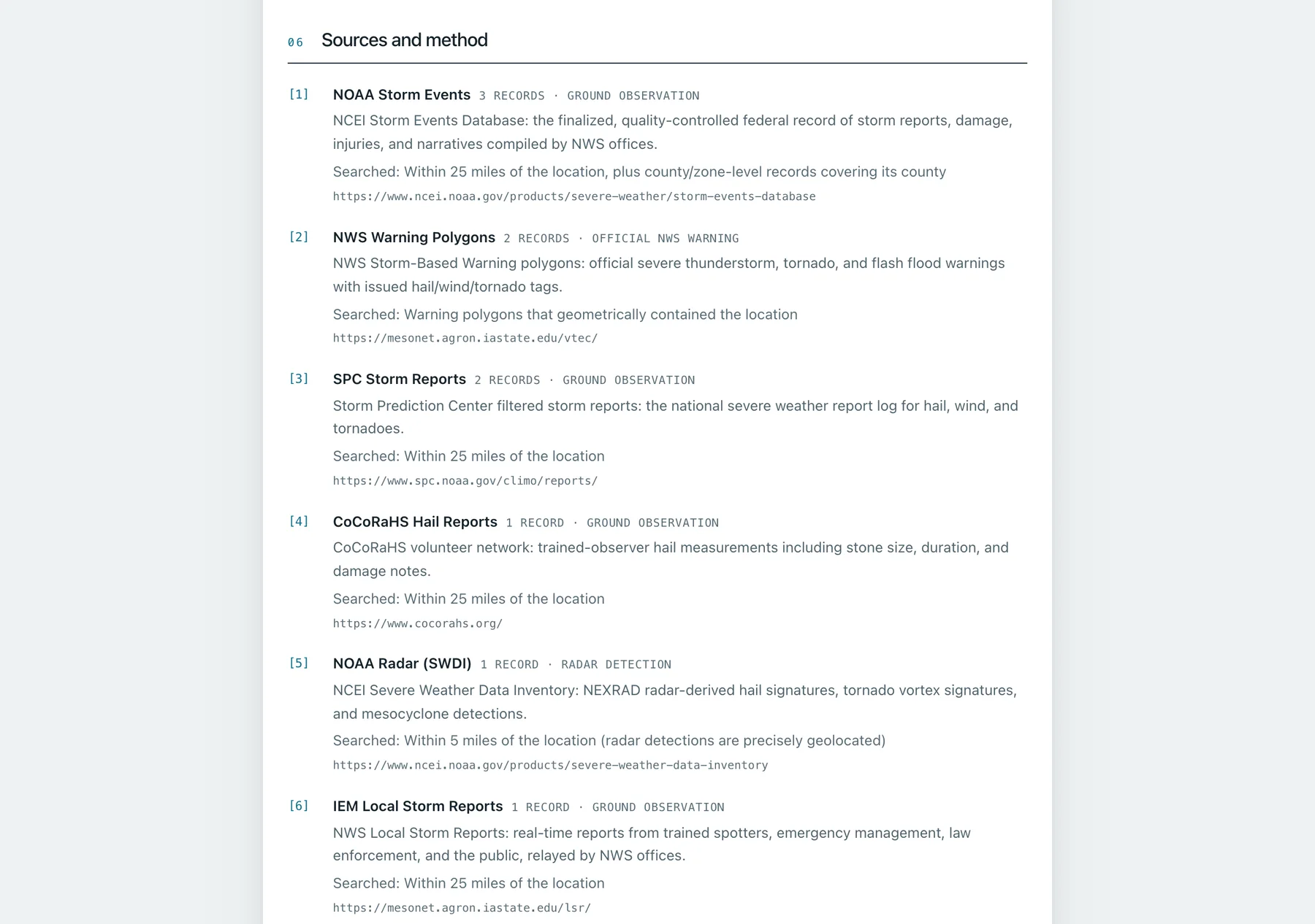 The sources and method section of a report. Each numbered source names its record count and evidence kind, describes the dataset, states the exact area it was searched at, and prints the address of the federal source it came from.
