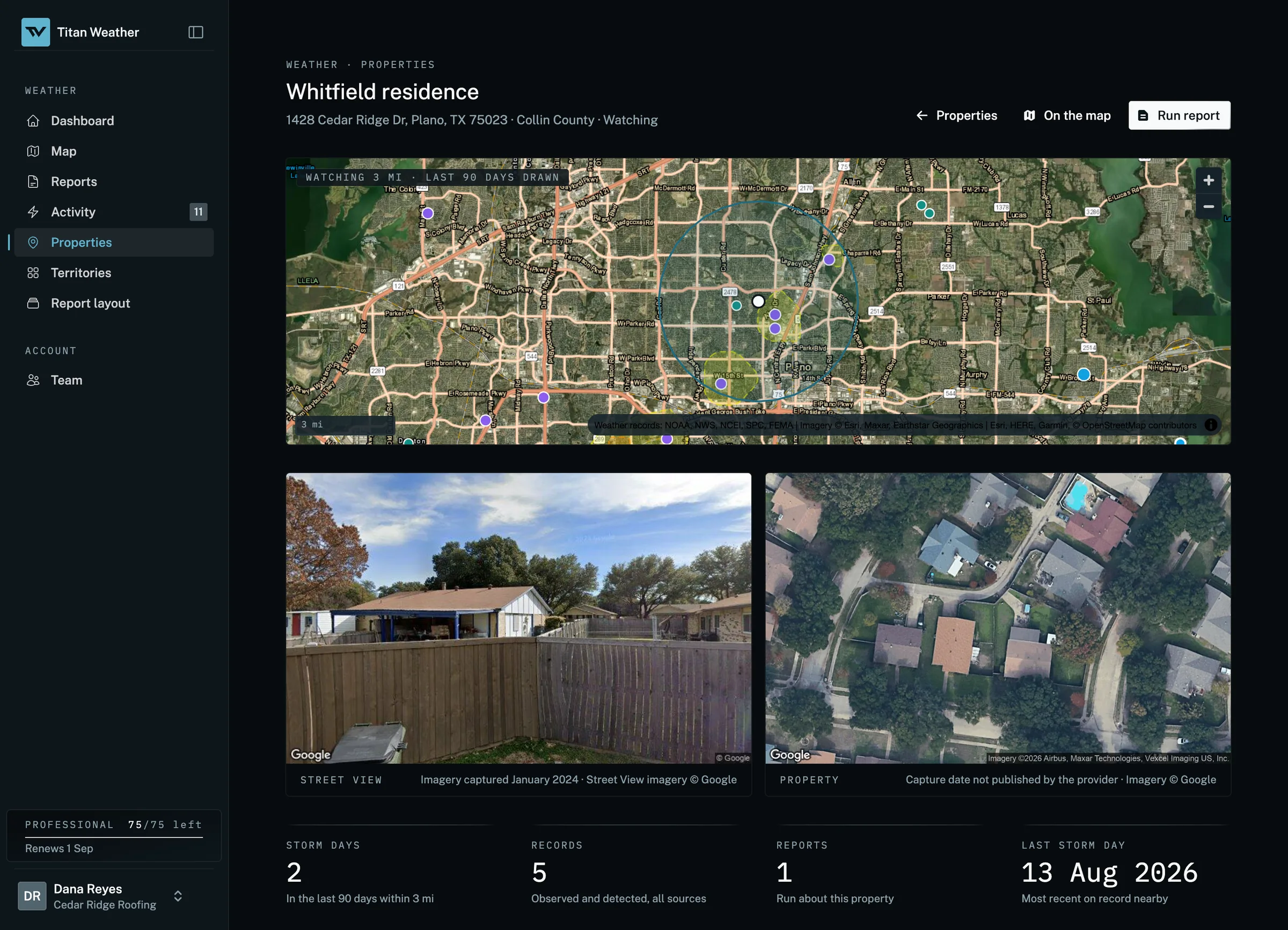 A property page for a house in Plano: the address on satellite imagery with its watch radius and the storm days near it, a street-level photograph and an aerial photograph of the roof, and figures for storm days, records, reports and the last storm day.