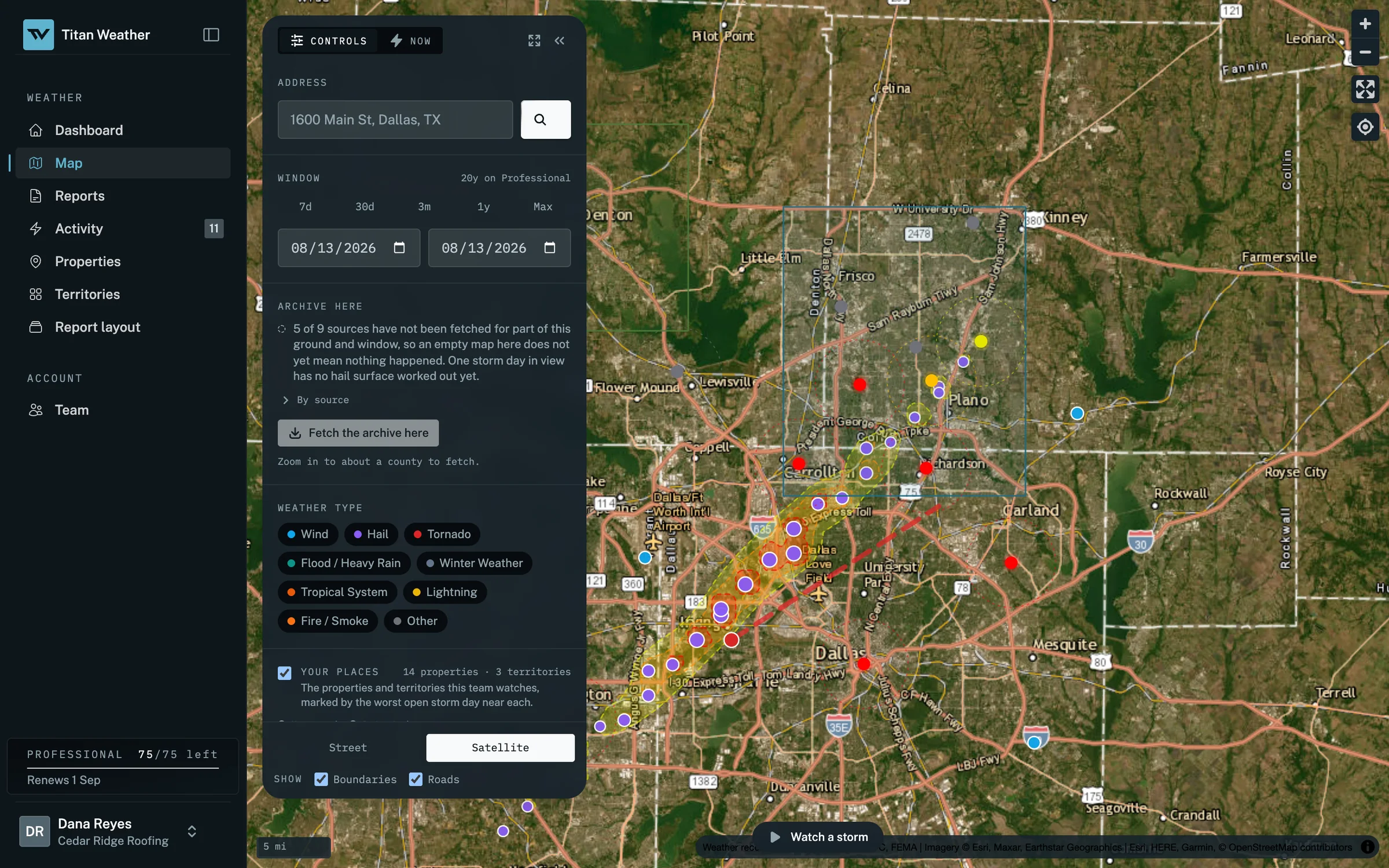 The storm map zoomed to Dallas and Collin County for one storm day. A hail swath estimated from the record runs south-west to north-east through Dallas, the North Dallas crews territory is outlined over Plano and Frisco, and the team's watched properties are marked by the size of hail measured nearest each.