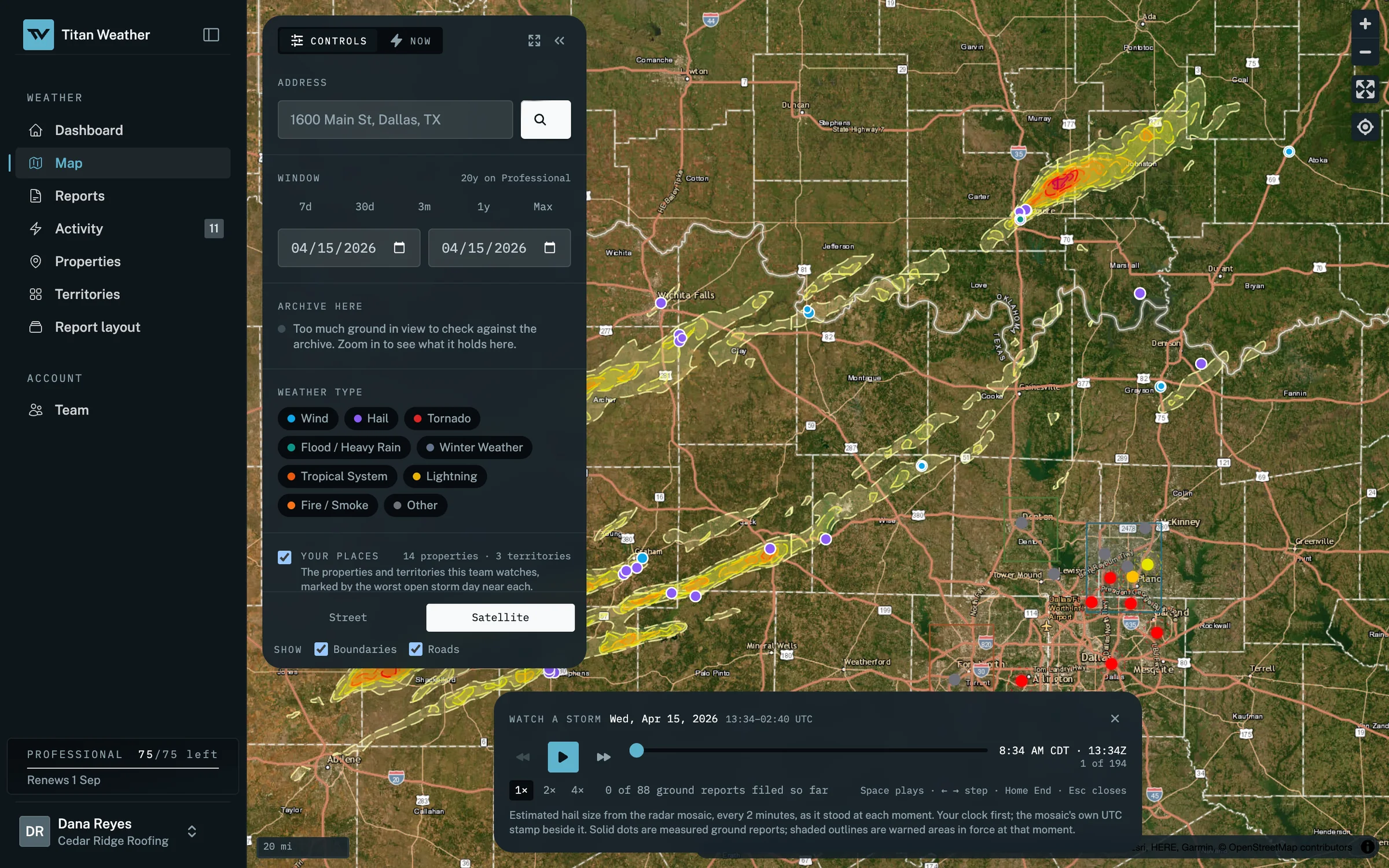 The storm map with the storm player open over North Texas on 15 April 2026. Hail surfaces estimated from the radar mosaic are drawn as shaded bands running north-east across the state, measured ground reports sit on them as solid marks, the team's watched properties and territories are outlined around Dallas, and a transport control at the foot of the window steps the morning forward two minutes at a time.