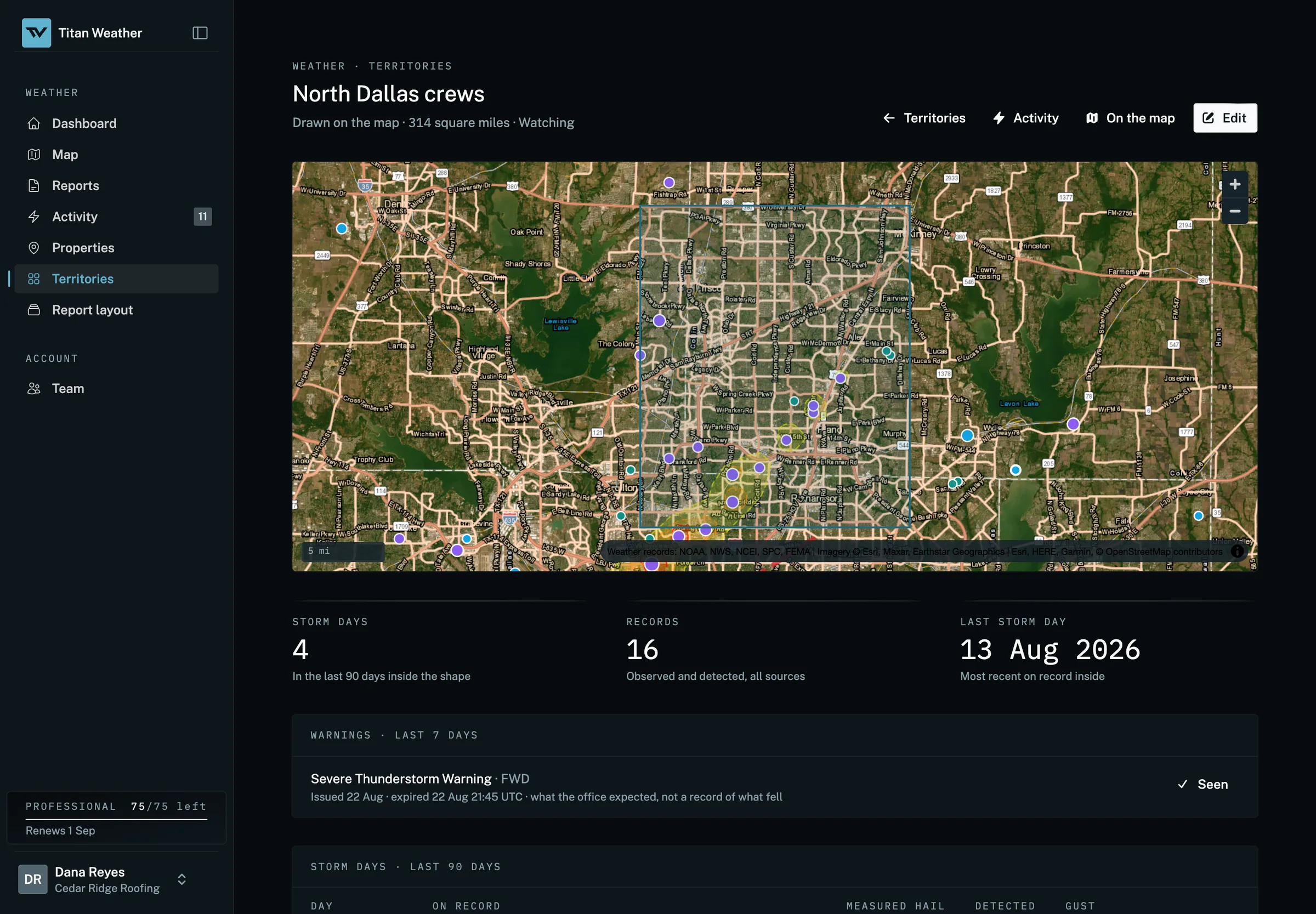 A territory page for North Dallas crews: a shape drawn over Plano, Frisco and Allen on satellite imagery with the record's marks inside it, then storm days, records and the last storm day as figures, and a severe thunderstorm warning listed apart from what actually fell.
